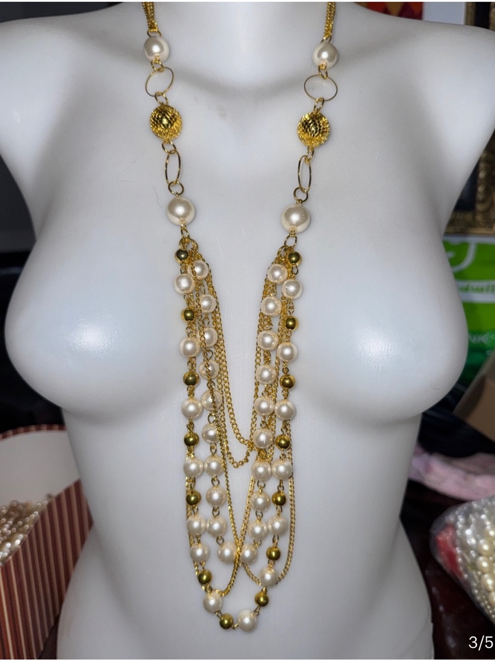 Gold-Tone Multi-Strand Beaded Necklace with Gray Beads